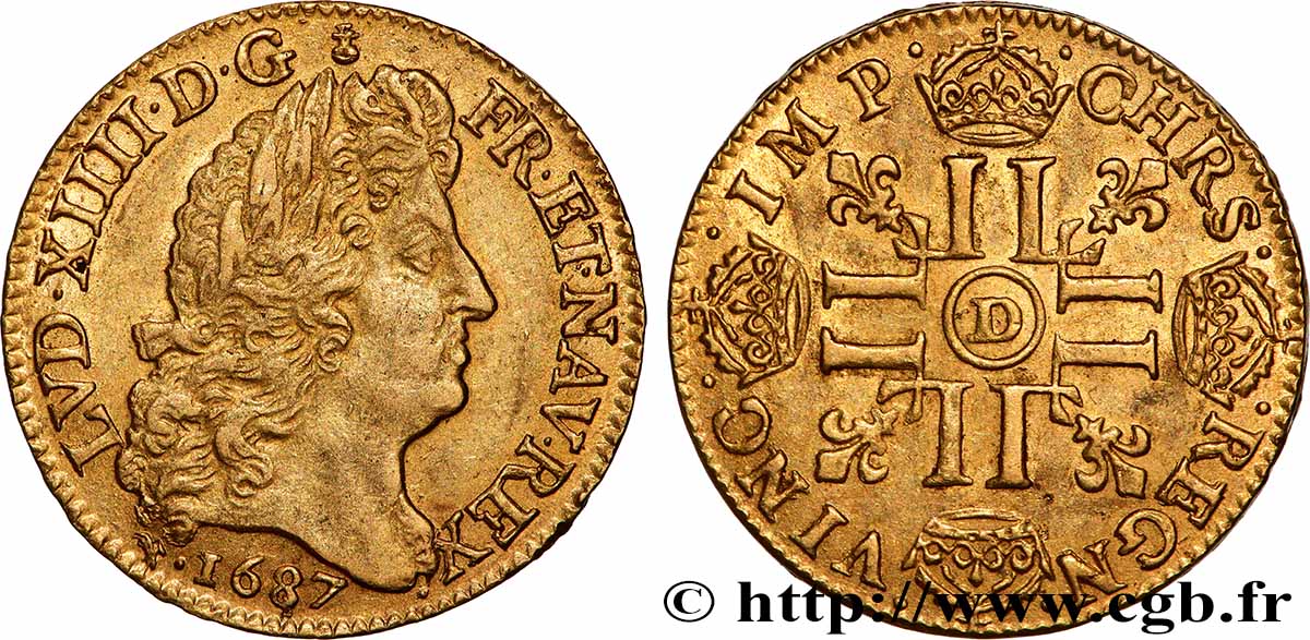 LOUIS XIV THE SUN KING Louis d’or aux huit L, portrait à la tête âgée et laurée 1687 Lyon q.SPL/SPL