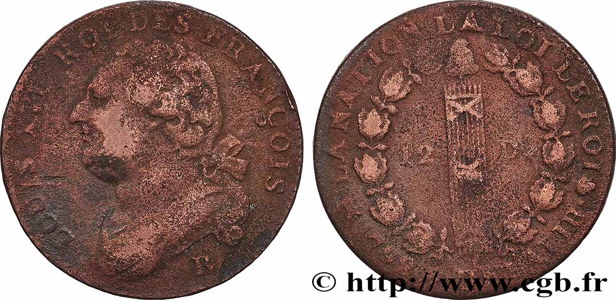 LOUIS XVI 12 deniers dit au faisceau , type FRANÇOIS 1792 Rouen VF
