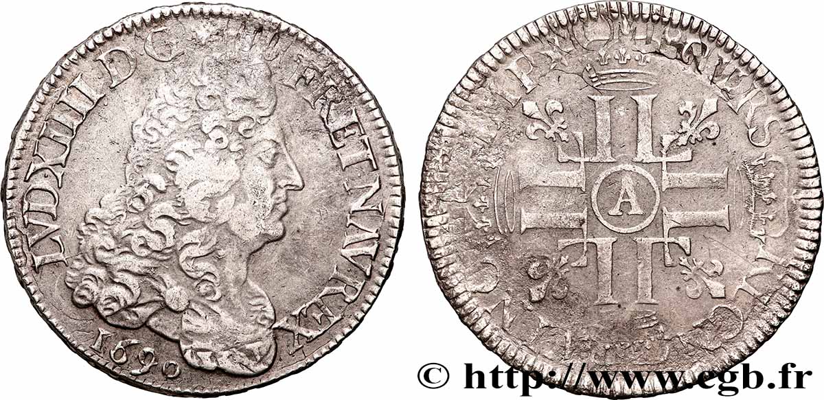 LOUIS XIV THE SUN KING Écu aux huit L, 1er type 1690 Paris XF/VF