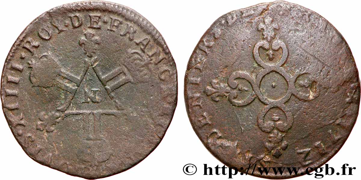 LOUIS XIV THE SUN KING Pièce de six deniers 1712 Montpellier fS