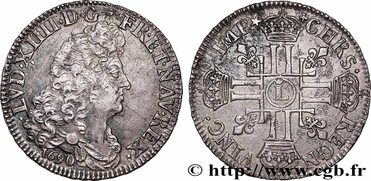 LOUIS XIV THE SUN KING Demi-écu aux huit L, 1er type 1690 Lille fVZ/SS