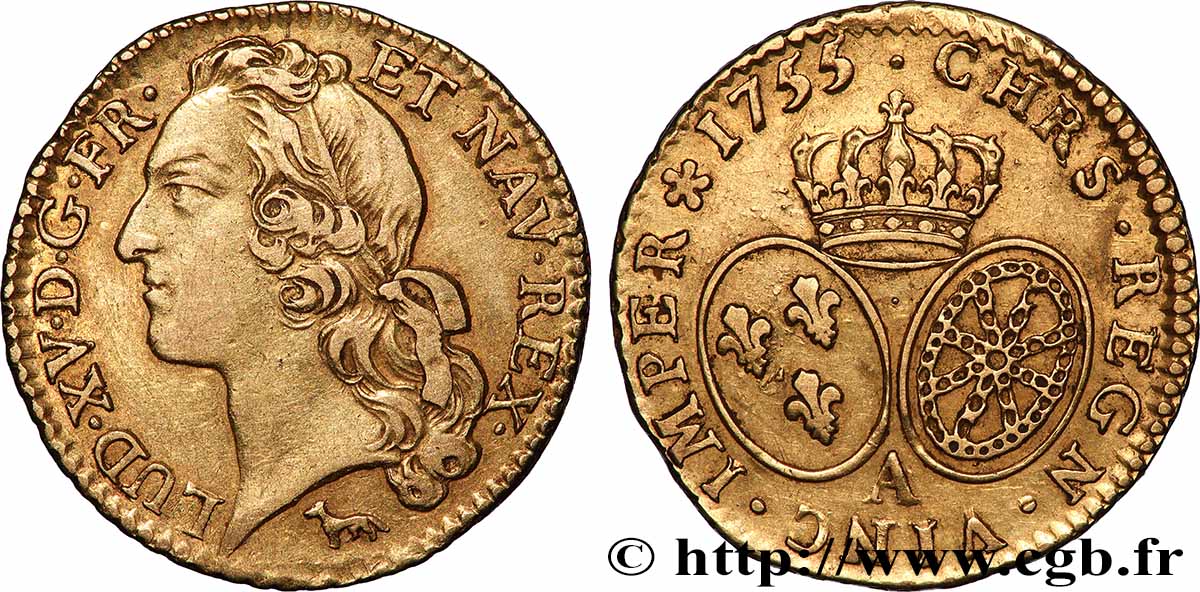 LOUIS XV THE WELL-BELOVED Louis d’or aux écus ovales, tête ceinte d’un bandeau 1755 Paris AU