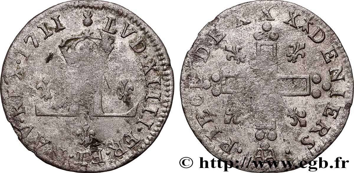 LOUIS XIV THE SUN KING XXX deniers aux 2 L couronnées 1711 Metz VF