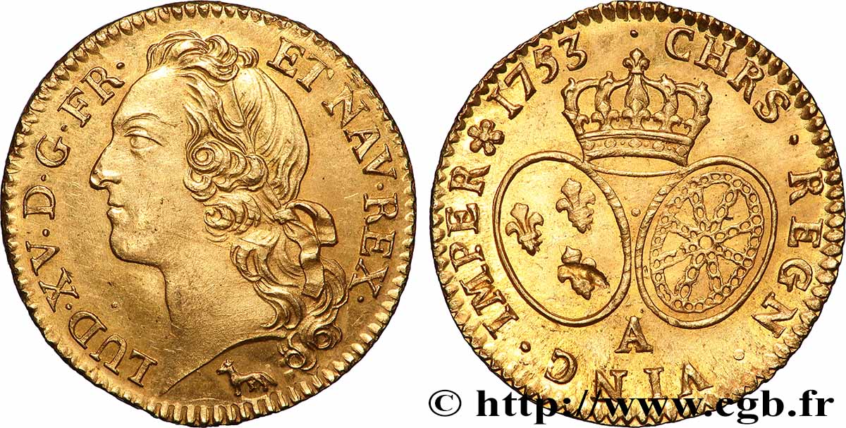 LOUIS XV DIT LE BIEN AIMÉ Louis d’or aux écus ovales, tête ceinte d’un bandeau 1753 Paris SUP/SPL