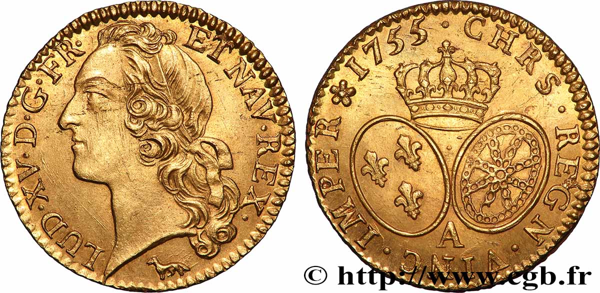LOUIS XV DIT LE BIEN AIMÉ Louis d’or aux écus ovales, tête ceinte d’un bandeau 1755 Paris SUP/SPL