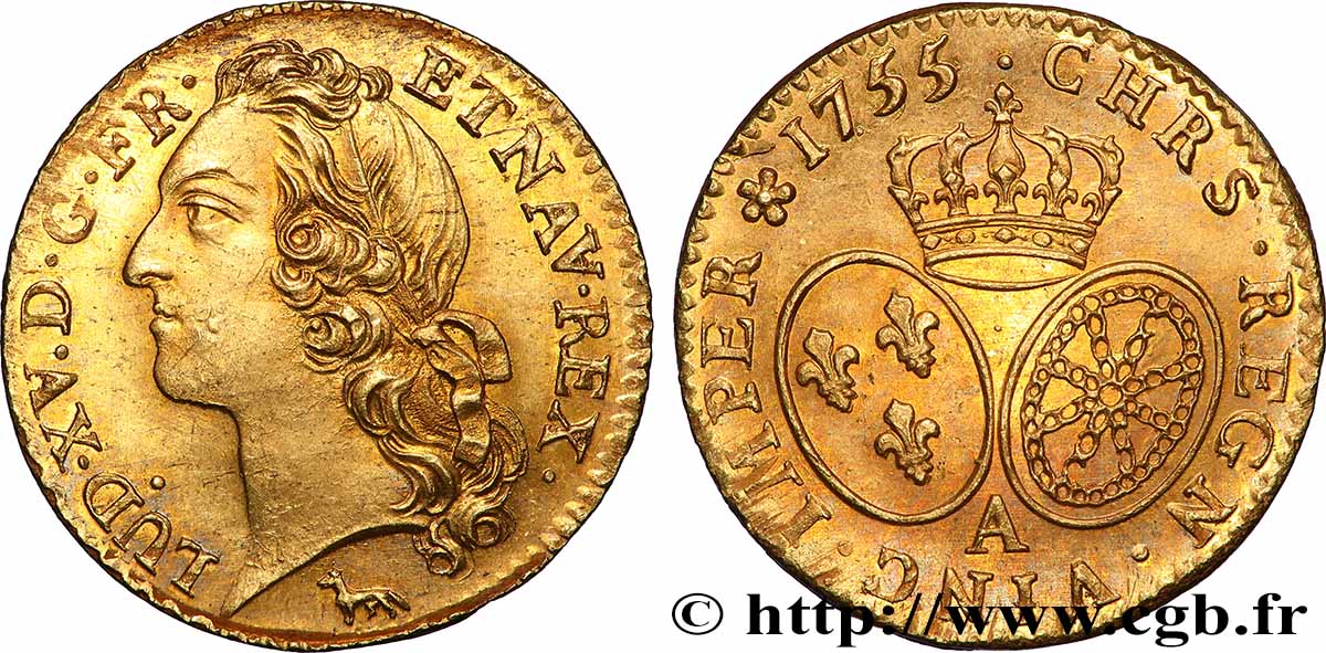 LOUIS XV DIT LE BIEN AIMÉ Louis d’or aux écus ovales, tête ceinte d’un bandeau 1755 Paris SPL