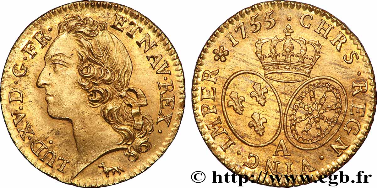 LOUIS XV DIT LE BIEN AIMÉ Louis d’or aux écus ovales, tête ceinte d’un bandeau 1755 Paris SPL/SUP