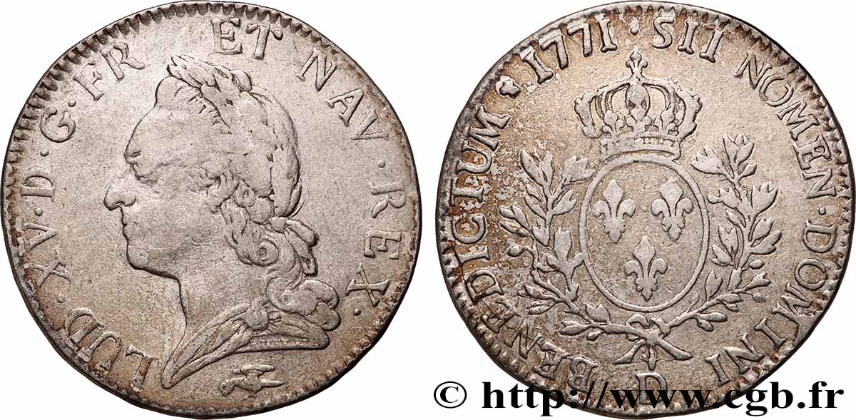 LOUIS XV THE WELL-BELOVED Écu aux branches d’olivier, buste lauré 1771 Lyon fSS/SS