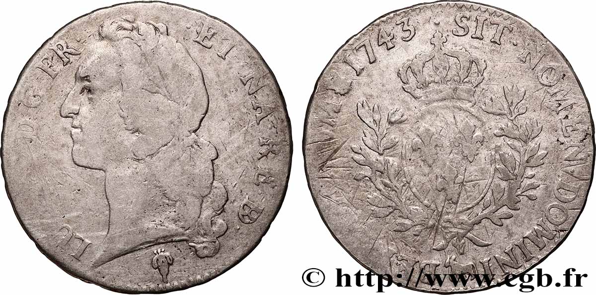 LOUIS XV DIT LE BIEN AIMÉ Écu aux branches d’olivier, tête ceinte d’un bandeau 1743 Pau TB