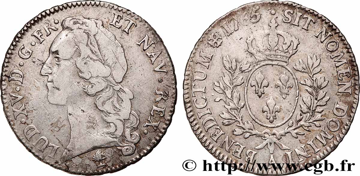 LOUIS XV THE WELL-BELOVED Écu aux branches d’olivier, tête ceinte d’un bandeau 1765 Paris fSS/SS