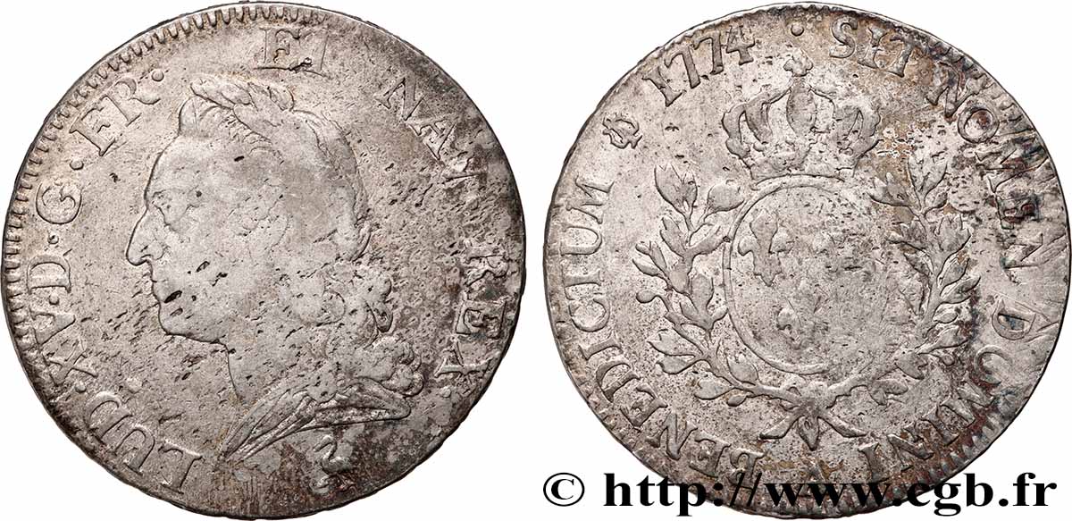 LOUIS XV THE WELL-BELOVED Écu aux branches d’olivier, buste lauré 1774 Paris S