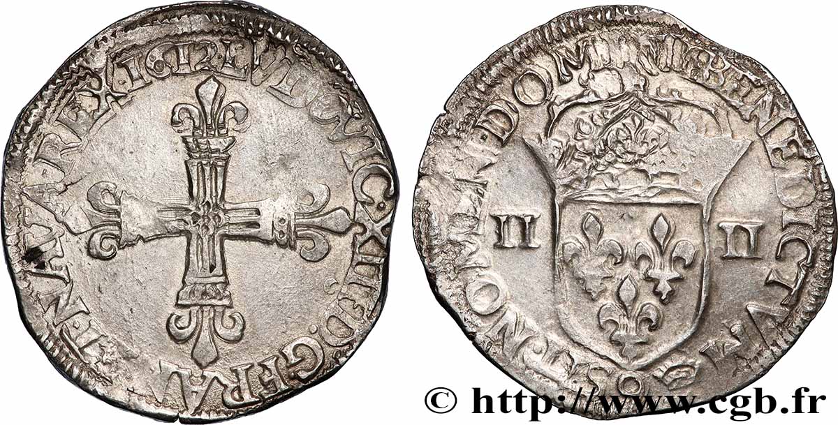LOUIS XIII Quart d écu, à la croix fleurdelisée, titulature côté croix 1612 Rennes XF/AU