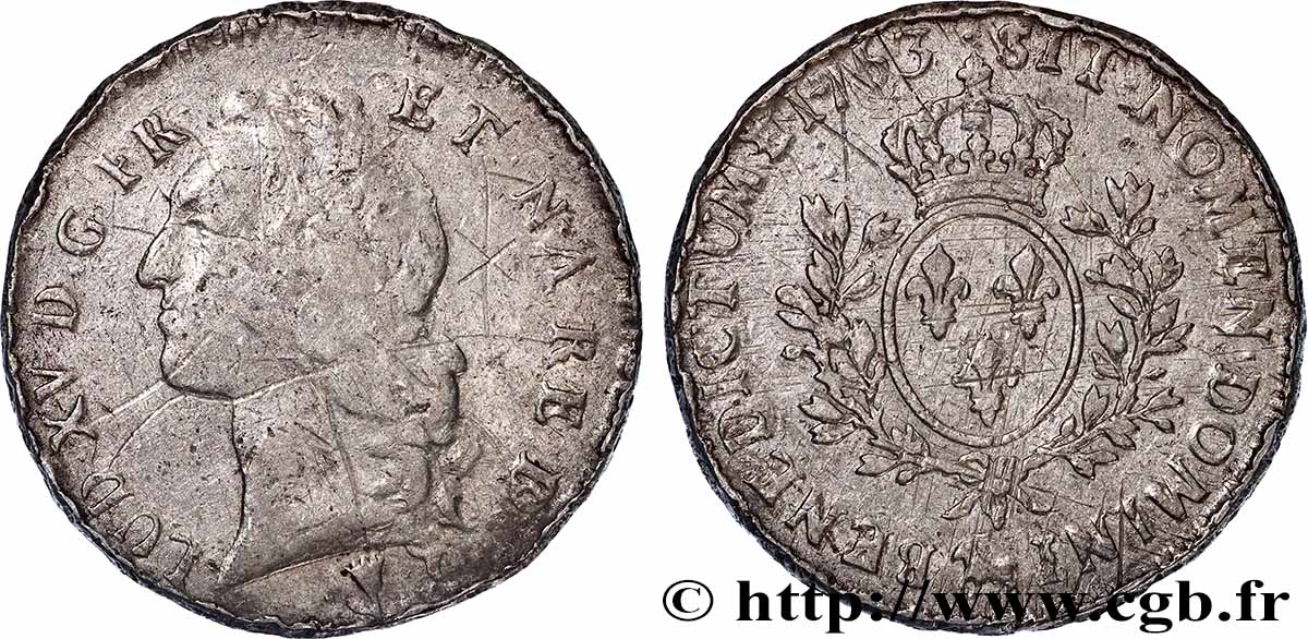 LOUIS XV THE WELL-BELOVED Écu aux branches d’olivier, tête ceinte d’un bandeau 1753 Pau S/fSS