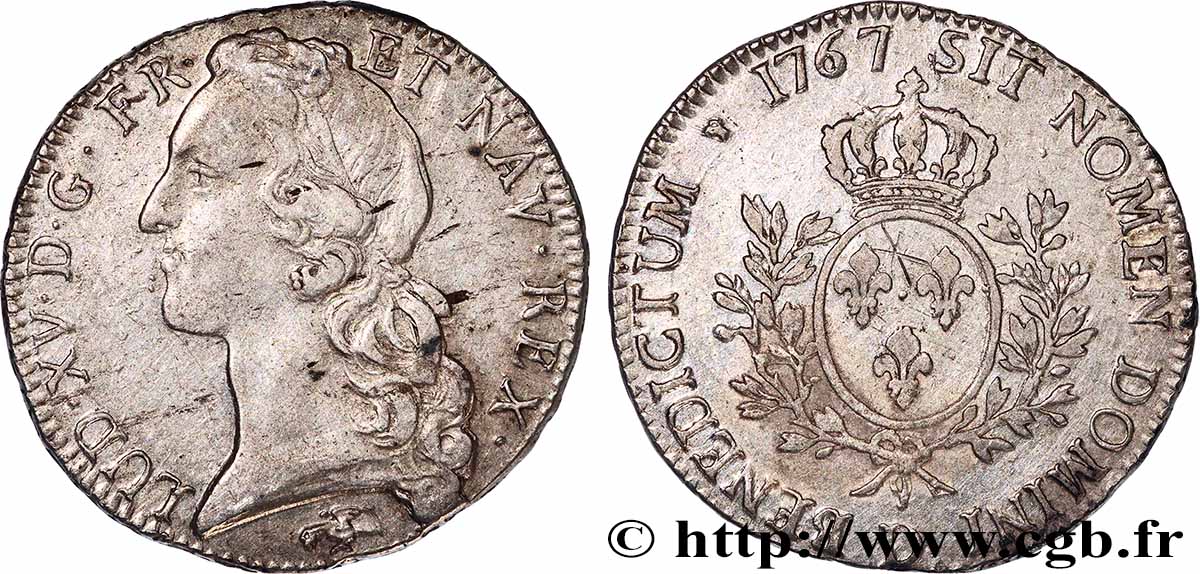 LOUIS XV THE WELL-BELOVED Écu aux branches d’olivier, tête ceinte d’un bandeau 1767 Lyon BB
