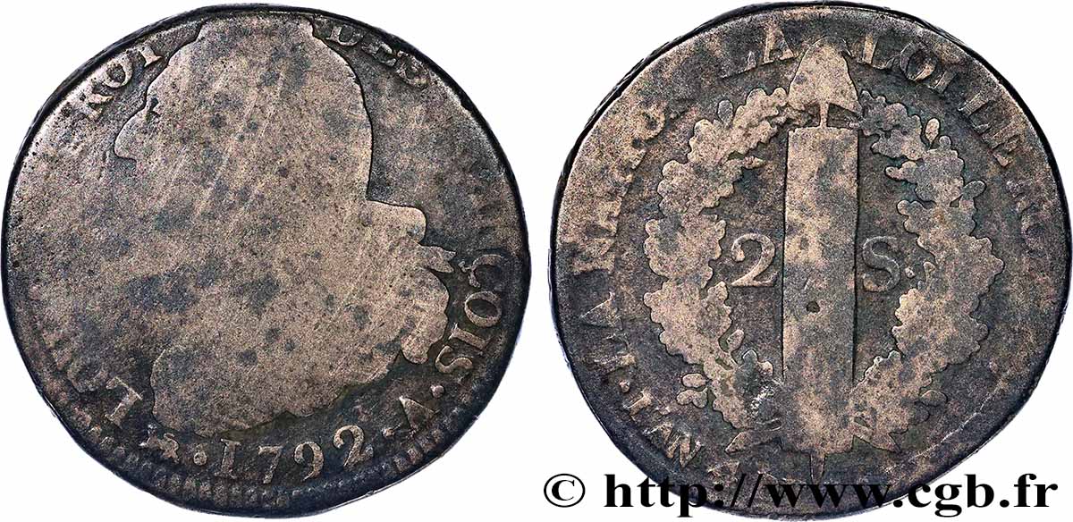 LOUIS XVI 2 sols dit au faisceau , type FRANÇOIS 1792 Paris VG