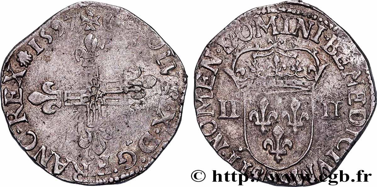 CHARLES X, CARDINAL DE BOURBON Quart d écu, croix de face 1597 Dinan TB+/TTB