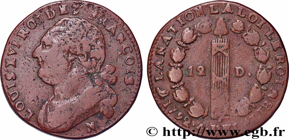 LOUIS XVI (MONARQUE CONSTITUTIONNEL) 12 deniers dit au faisceau , type FRANÇOIS 1792 Montpellier TB+