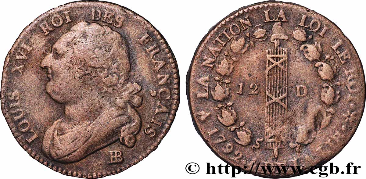 LOUIS XVI (MONARQUE CONSTITUTIONNEL) 12 deniers dit au faisceau , type FRANÇAIS 1792 Strasbourg TB+/TTB