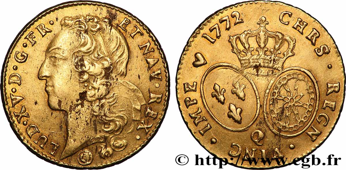 LOUIS XV THE WELL-BELOVED Double louis d’or aux écus ovales, tête ceinte d’un bandeau 1772 Perpignan MBC
