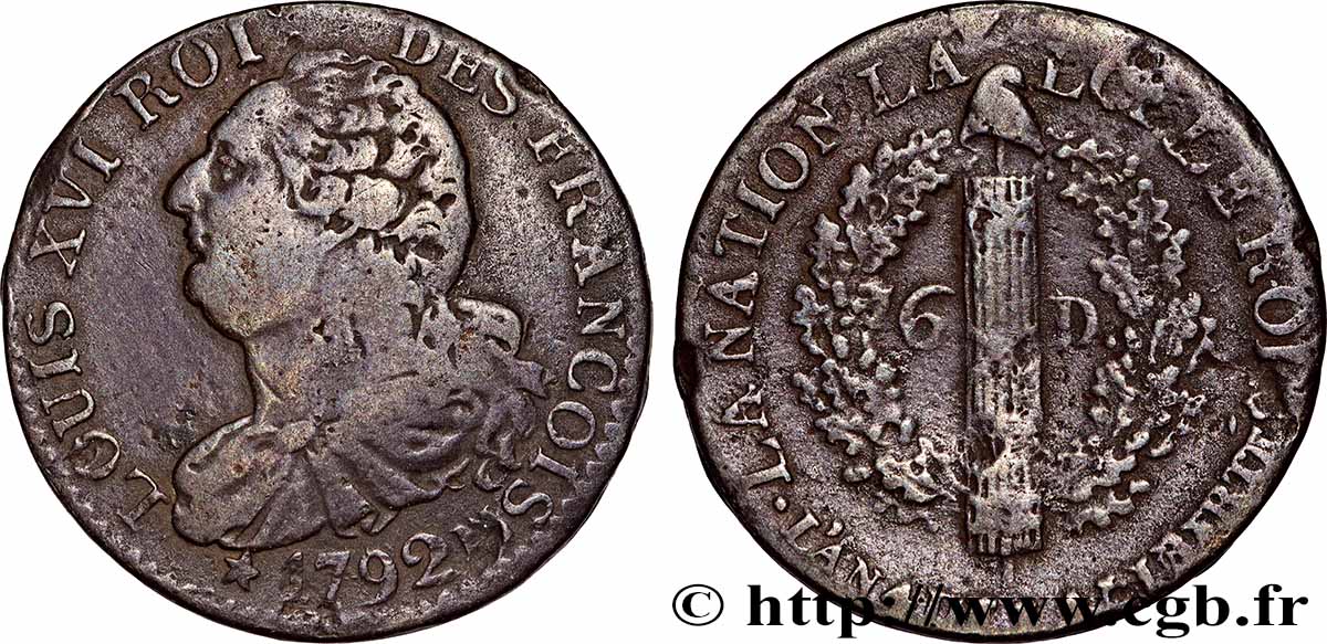 LOUIS XVI (MONARQUE CONSTITUTIONNEL) 6 deniers dit au faisceau , type FRANÇOIS 1792 Marseille TB+