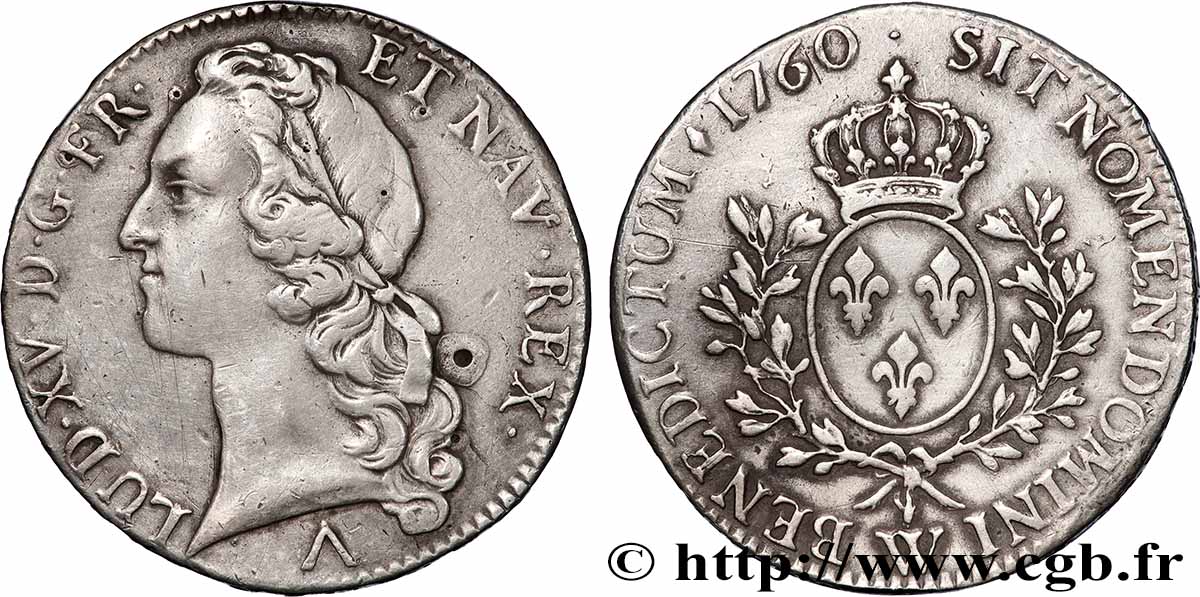 LOUIS XV THE BELOVED Écu aux branches d’olivier, tête ceinte d’un bandeau 1760 Lille XF