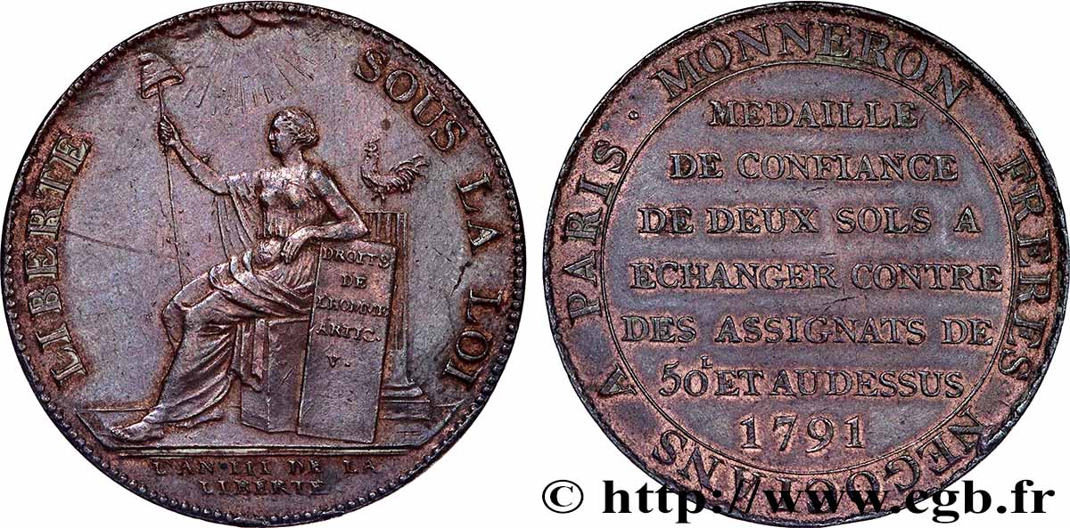 CONFIANCE (MONNAIES DE...) Monneron de 2 sols à la Liberté 1791 Birmingham, Soho TTB+