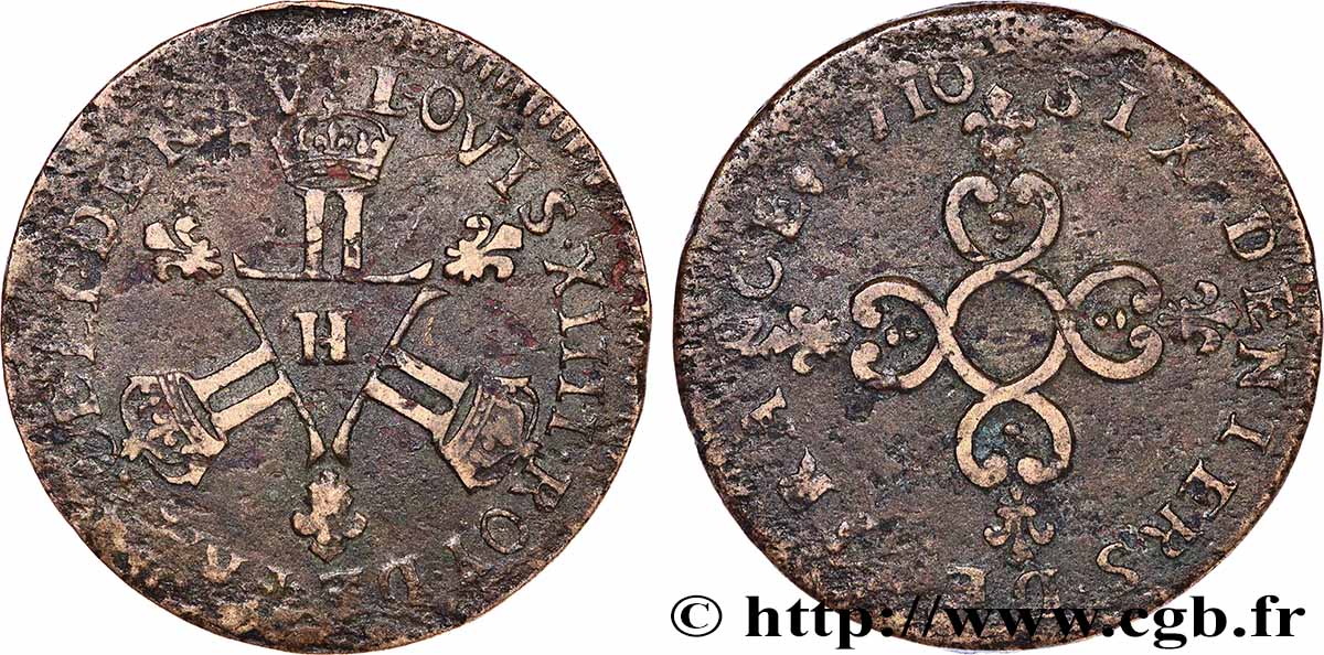LOUIS XIV LE GRAND OU LE ROI SOLEIL Pièce de six deniers 1710 La Rochelle TTB/TB+