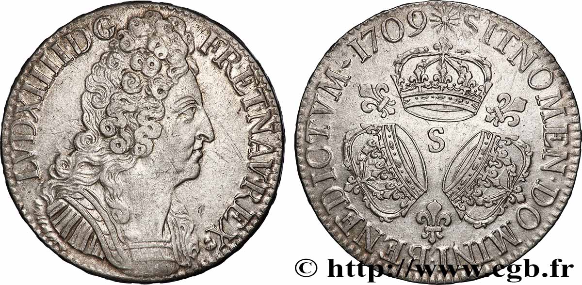 LOUIS XIV LE GRAND OU LE ROI SOLEIL Écu aux trois couronnes 1709 Reims SUP