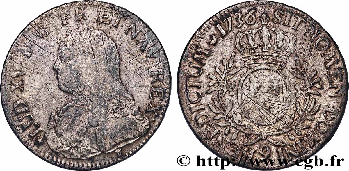LOUIS XV DIT LE BIEN AIMÉ Écu aux branches d olivier, buste habillé 1736 Rennes TB/TB+