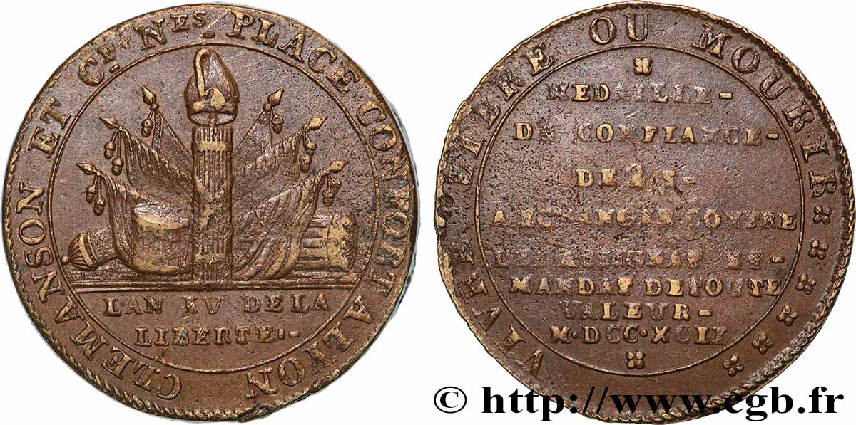 CONFIANCE (MONNAIES DE...) 2 sols de Clémanson au faisceau 1792 Lyon TTB/TB+