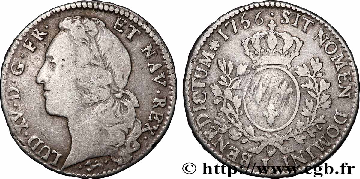 LOUIS XV THE WELL-BELOVED Demi-écu aux branches d’olivier, tête ceinte d’un bandeau 1756 Bayonne fSS