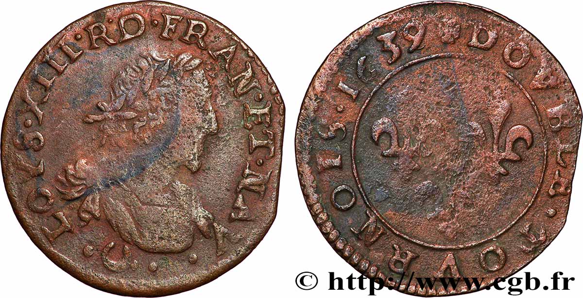 LOUIS XIII LE JUSTE Double tournois au grand buste viril drapé 1639 Ateliers de l’axe Loire-Rhône TB+
