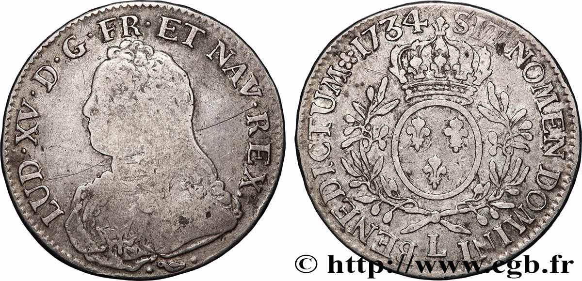 LOUIS XV THE WELL-BELOVED Écu aux branches d olivier, buste habillé 1734 Bayonne MB/q.BB