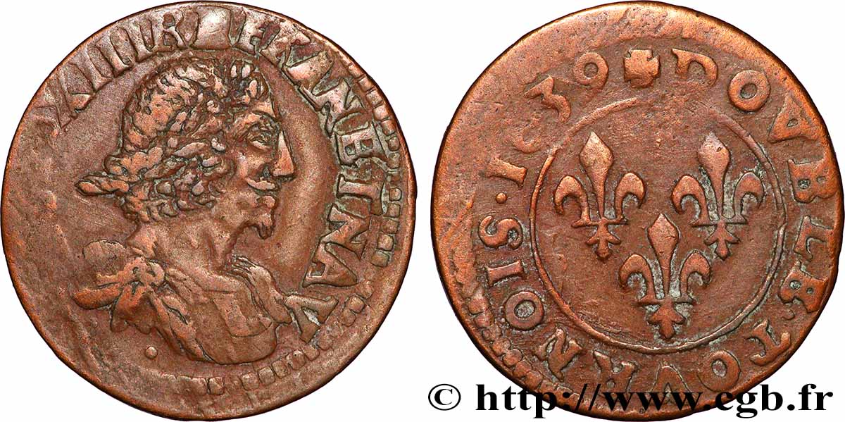 LOUIS XIII Double tournois, au grand buste viril drapé 1639 Atelier indéterminé q.BB