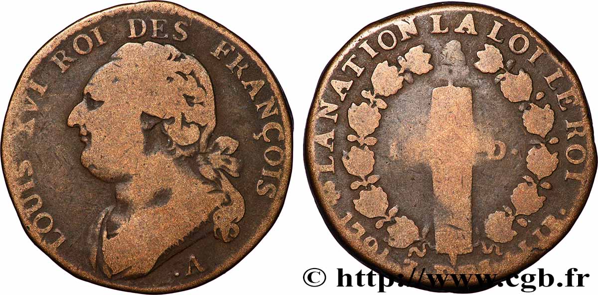 LOUIS XVI (MONARQUE CONSTITUTIONNEL) 12 deniers dit au faisceau , type FRANÇOIS 1791 Paris B+