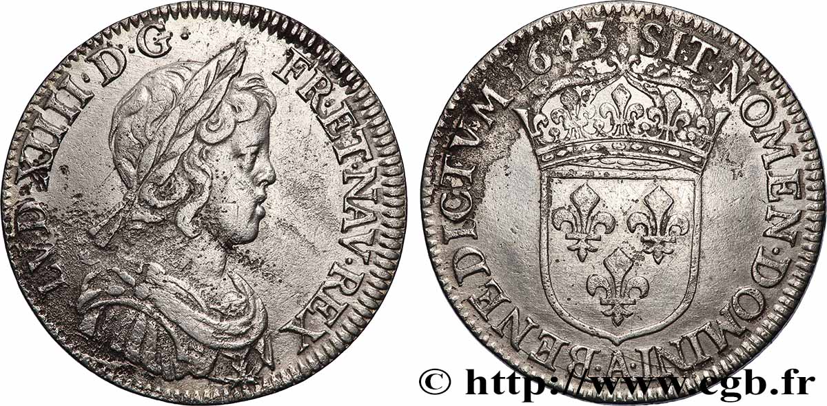 LOUIS XIV THE SUN KING Quart d écu, portrait à la mèche courte 1643 Paris, Monnaie du Louvre fSS