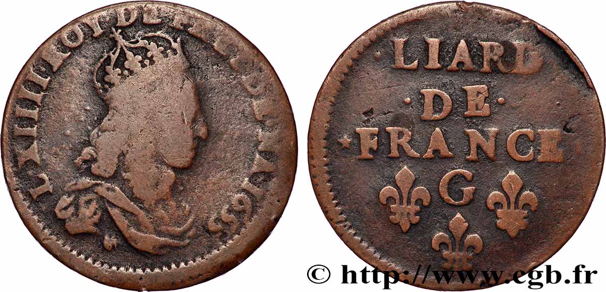 LOUIS XIV THE SUN KING Liard de cuivre, 2e type 1655 Montreuil-Bonnin fSS/SS