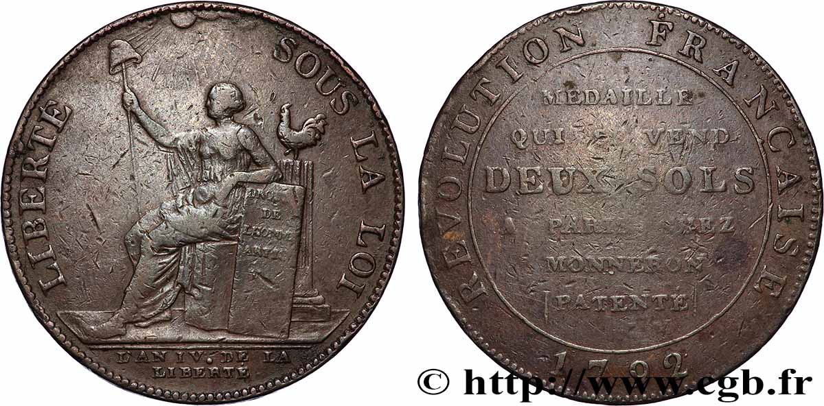 REVOLUTION COINAGE Monneron de 2 sols à la Liberté 1792 Birmingham, Soho fSS