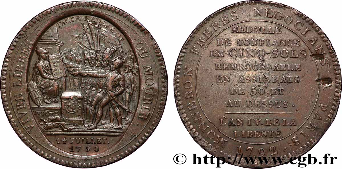 REVOLUTION COINAGE Monneron de 5 sols au serment (An IV), 3e type 1792 Birmingham, Soho fVZ/fSS