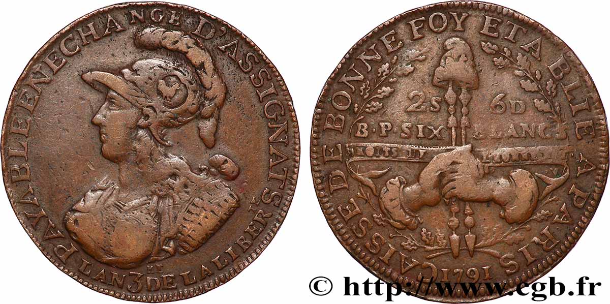 REVOLUTION COINAGE Six blancs de Montagny 1791 fSS/SS