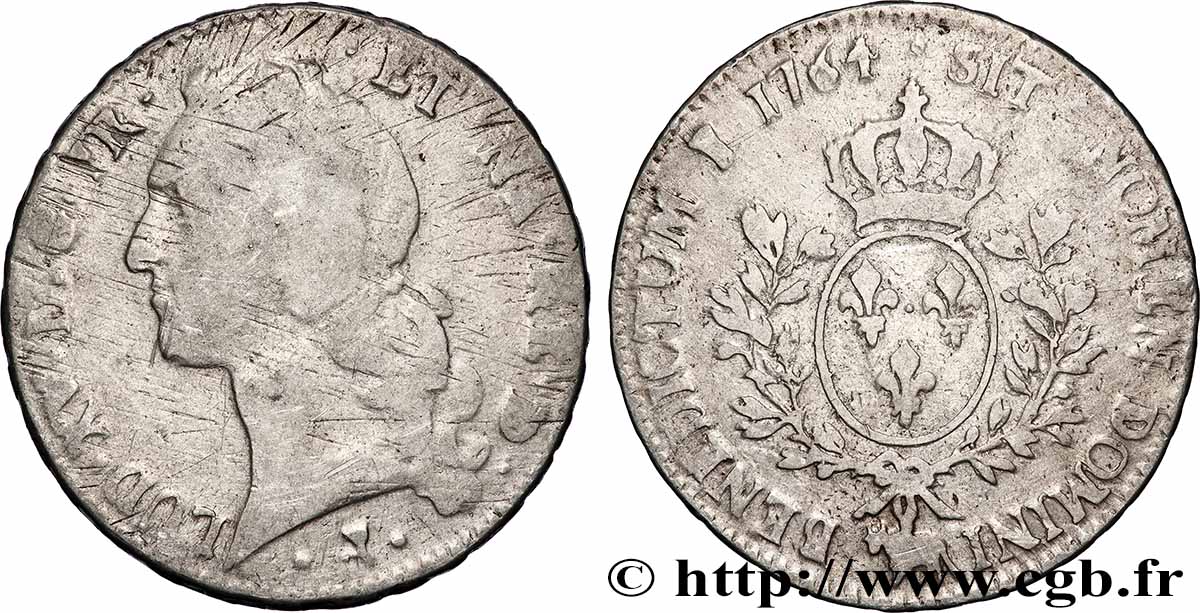 LOUIS XV THE WELL-BELOVED Écu aux branches d’olivier, tête ceinte d’un bandeau 1764 Pau S