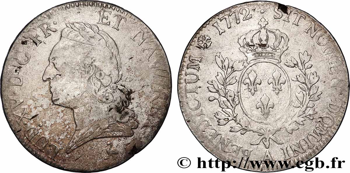 LOUIS XV THE WELL-BELOVED Écu aux branches d’olivier, buste lauré 1772 Paris S