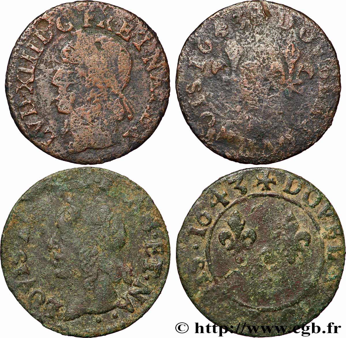LOUIS XIII Lot de 2 doubles tournois à la vieille tête, type de Warin s.m. Atelier indéterminé lot