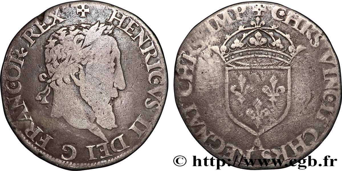 HENRI II Teston à la tête laurée, fabriqué au moulin n.d. Paris, Moulin des Étuves TB+