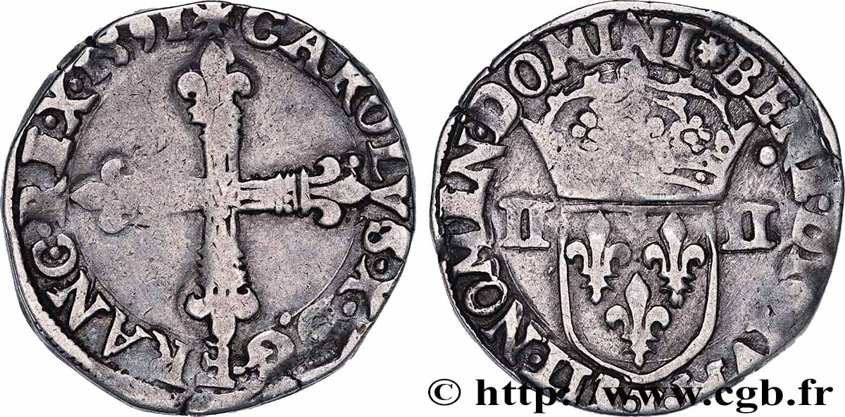 CHARLES X, CARDINAL OF BOURBON Quart d écu, croix de face 1591 Nantes VF