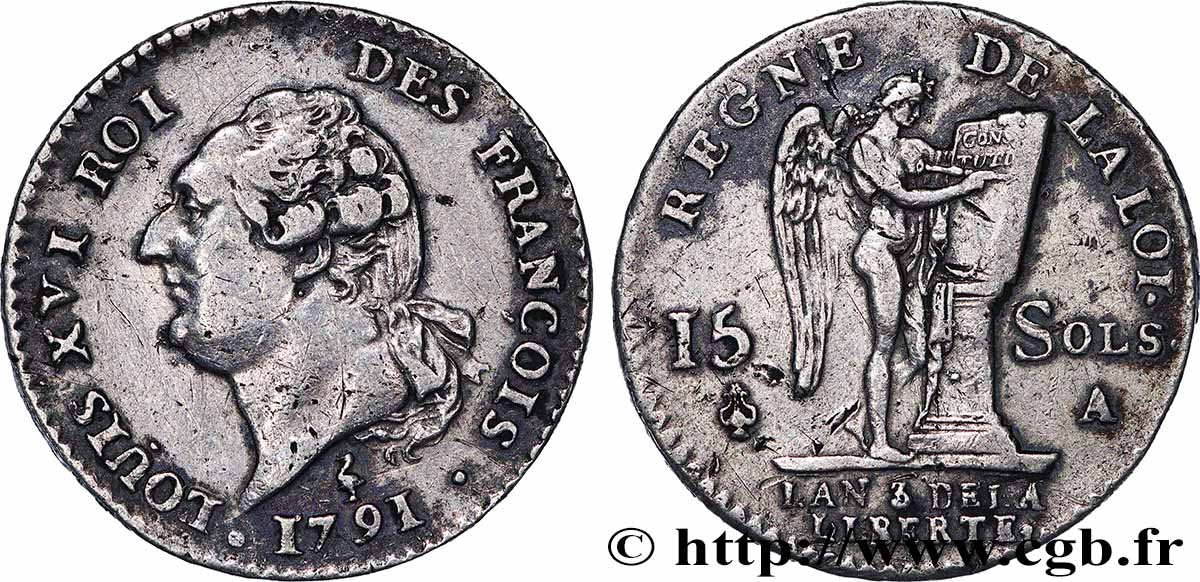LOUIS XVI 15 sols dit au génie , type FRANÇOIS 1791 Paris AU