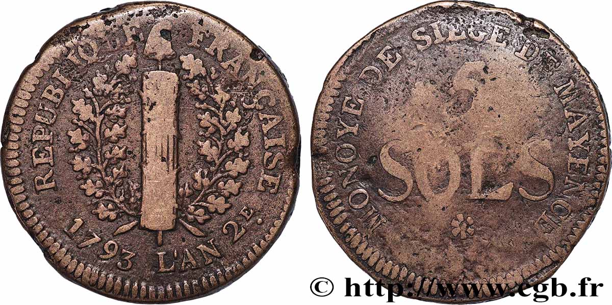 SIEGE OF MAINZ 5 sols 1793 Mayence VF/VF
