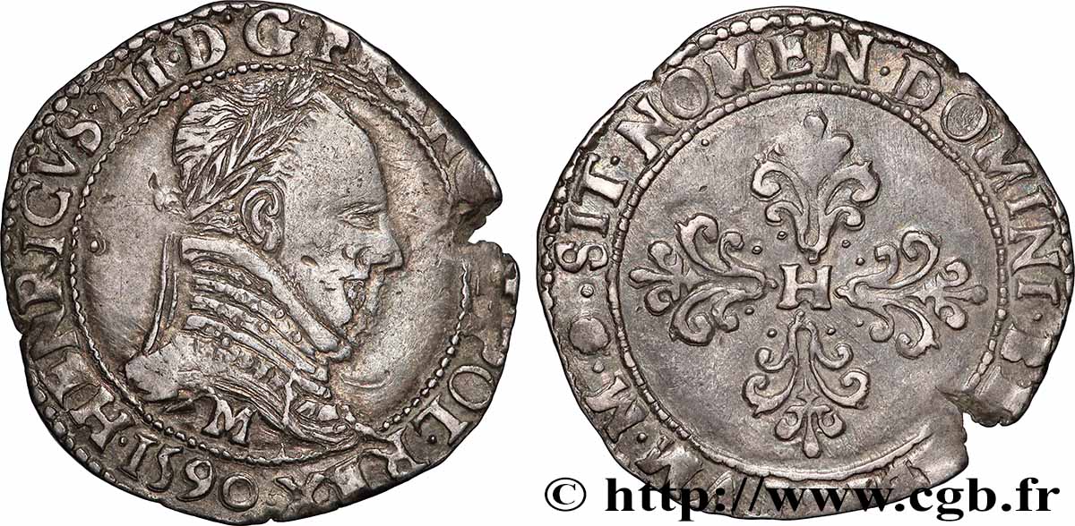 LIGUE. COINAGE AT THE NAME OF HENRY III Demi-franc au col plat 1590 Toulouse AU