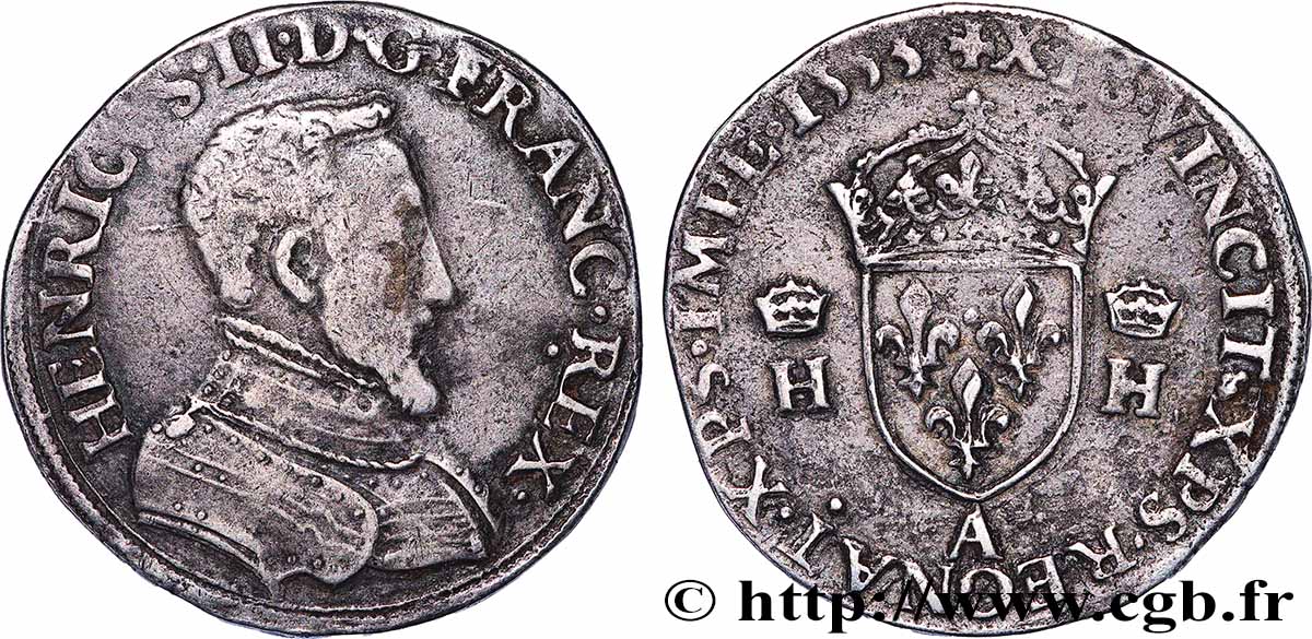 HENRY II Teston à la tête nue, 1er type 1555 Paris q.BB/BB