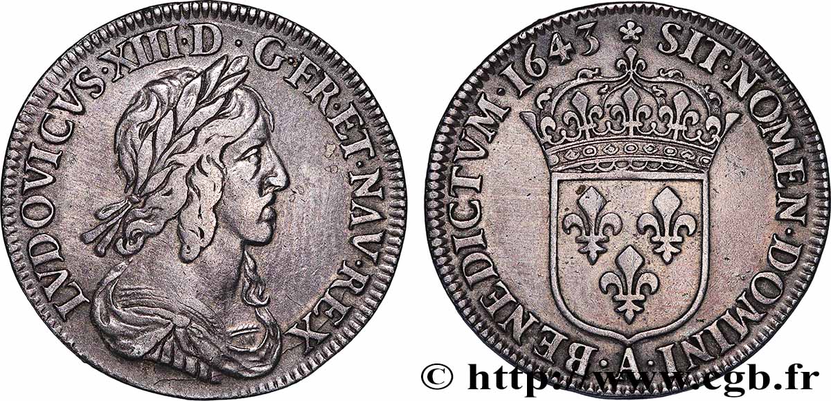 LOUIS XIII LE JUSTE Quart d écu, buste drapé et cuirassé (2e buste de Jean Warin) 1643 Paris, Monnaie de Matignon TB+/TTB